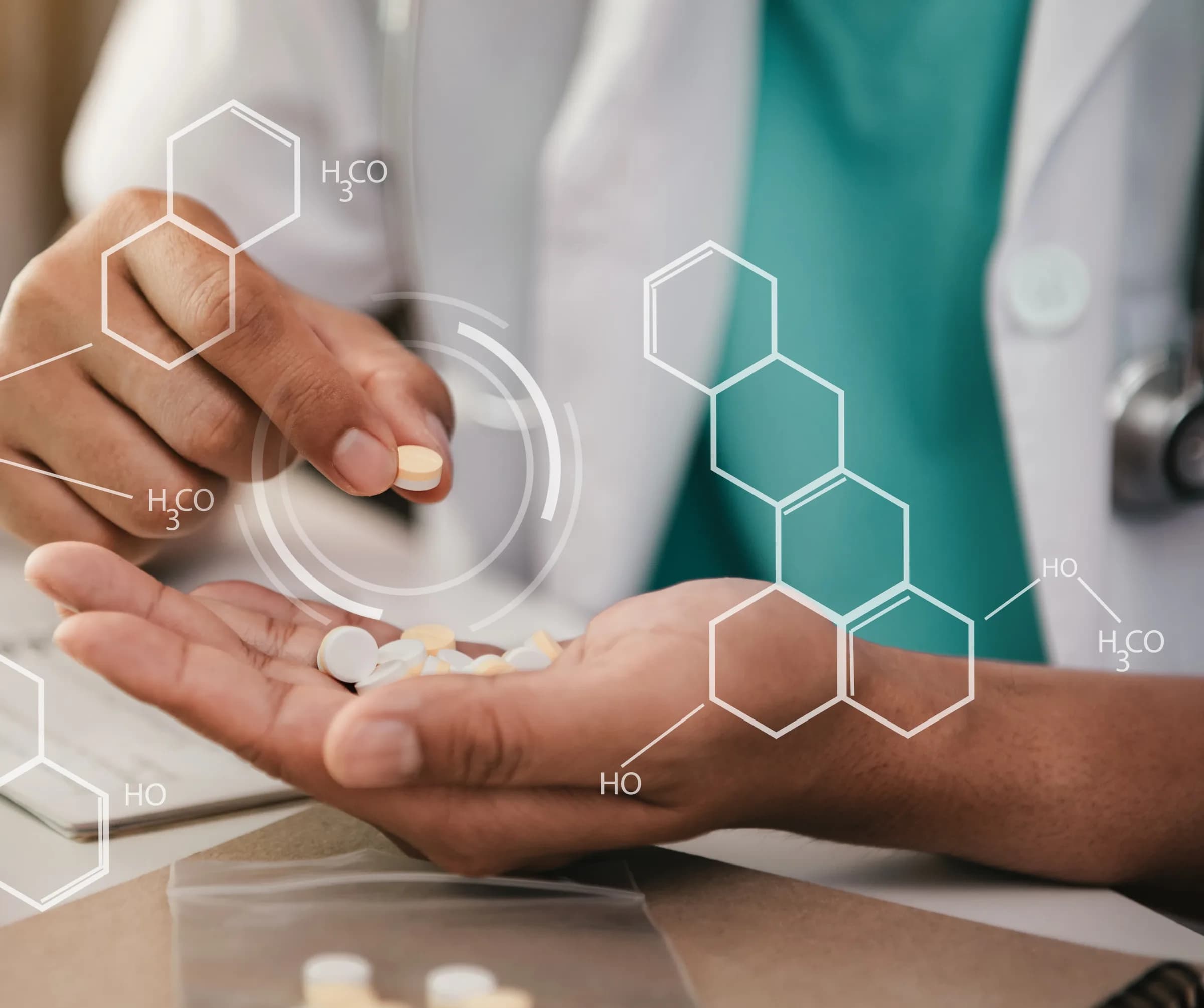 A pharmacist counting white and cream tablets into an open palm