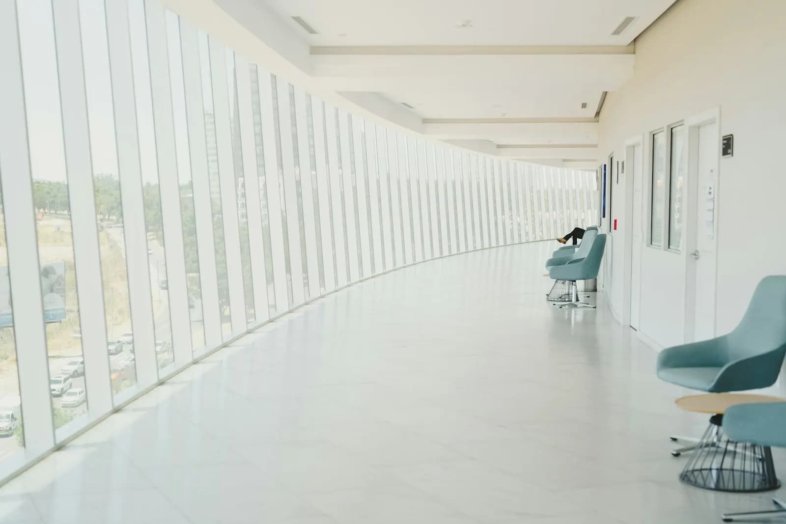A bright, empty hospital corridor