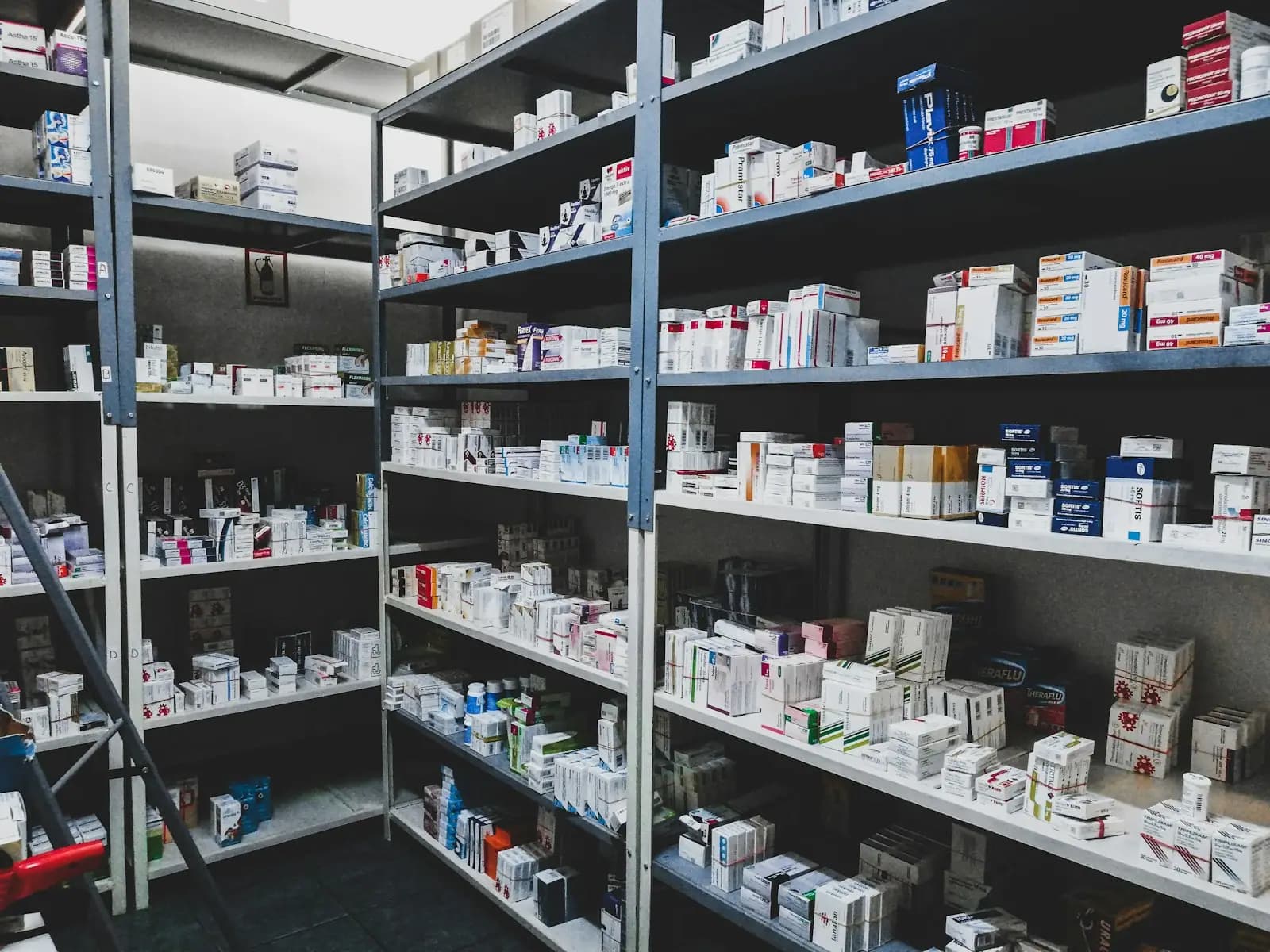 Rows of shelving stacked with cartons